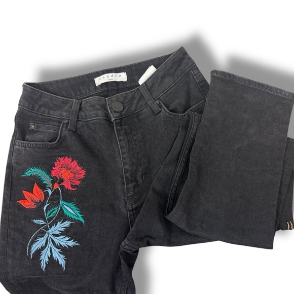 Sandro Embroidered Jeans Paris Vegas Rose Straight leg EU size 34 waist 24in EUC - Picture 2 of 13